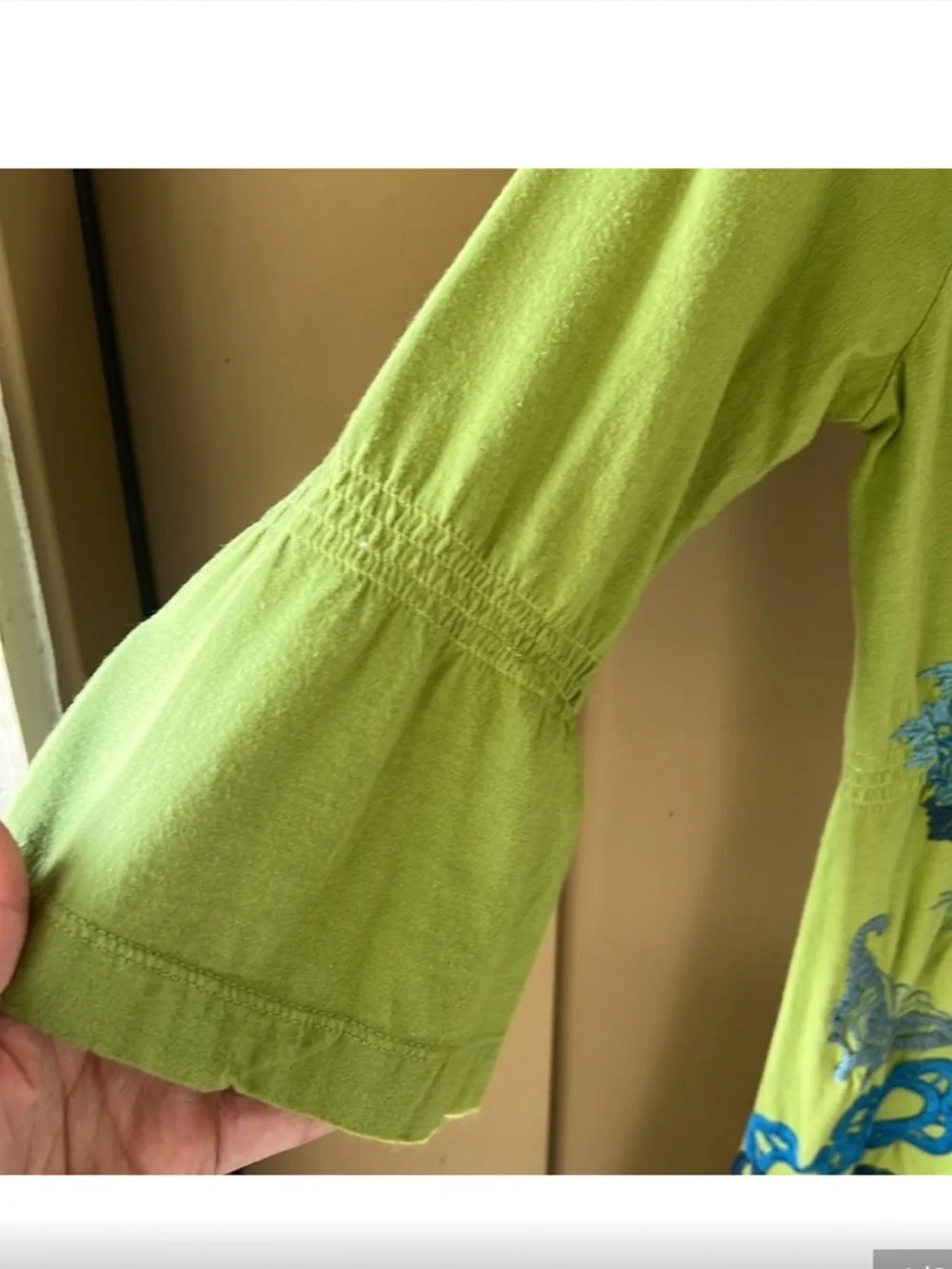 Johnny Was Green V-Neck Long Sleeve Tunic with Blue Floral Embroidery - Picture 4 of 8